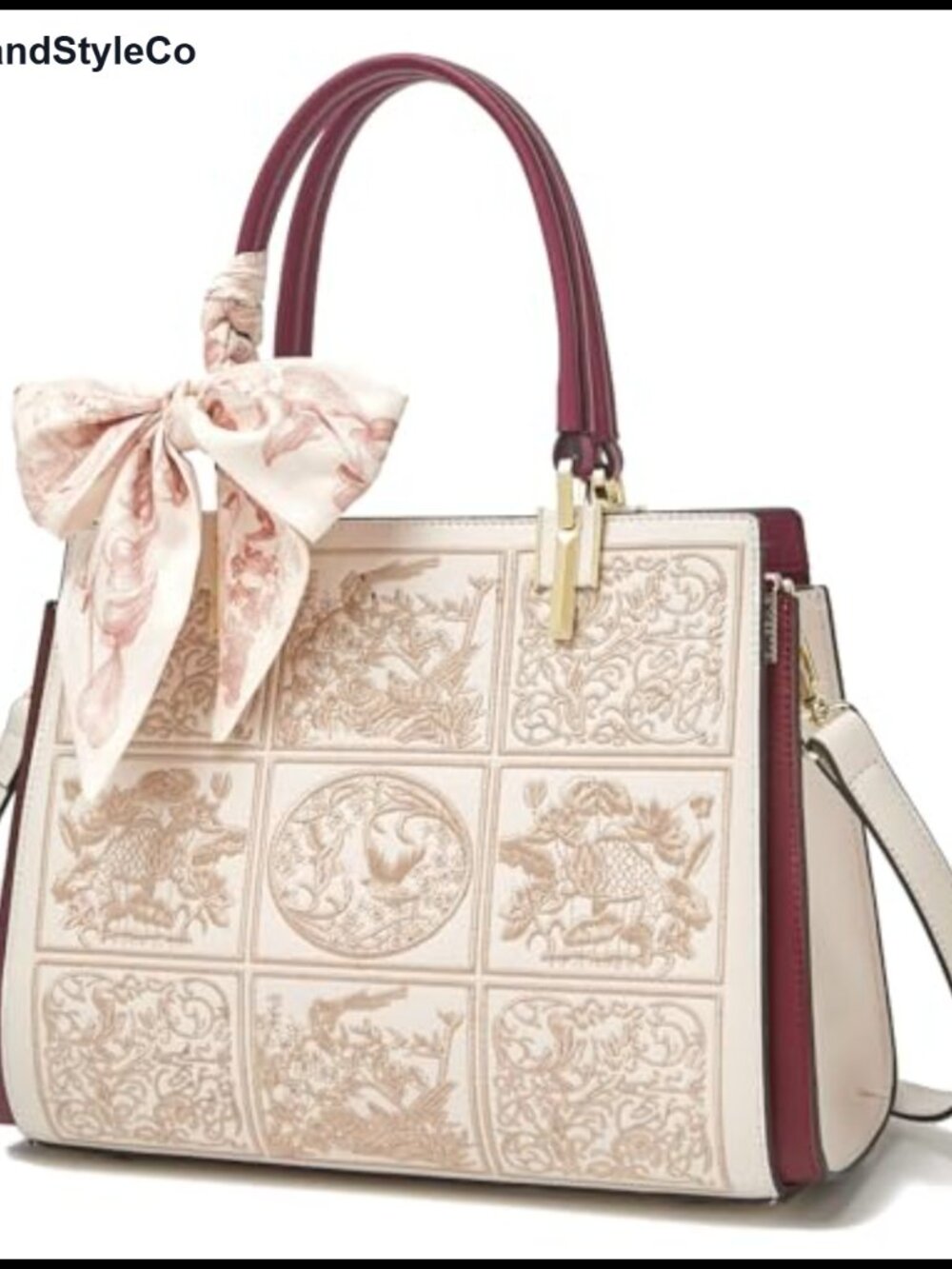 Vintage Embroidered Top Handle Satchel Handbag Split Leather Crossbody Purse